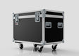 The 900mm Trunk Case is a large black and silver equipment case with metal reinforcements, handles, and four caster wheels. It stands against a plain light background and has external dimensions of 925 x 607 x 765 mm.
