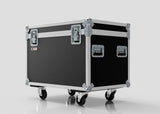 The 900mm Trunk Case is a large black and silver equipment case with metal reinforcements, handles, and four caster wheels. It stands against a plain light background and has external dimensions of 925 x 607 x 765 mm.