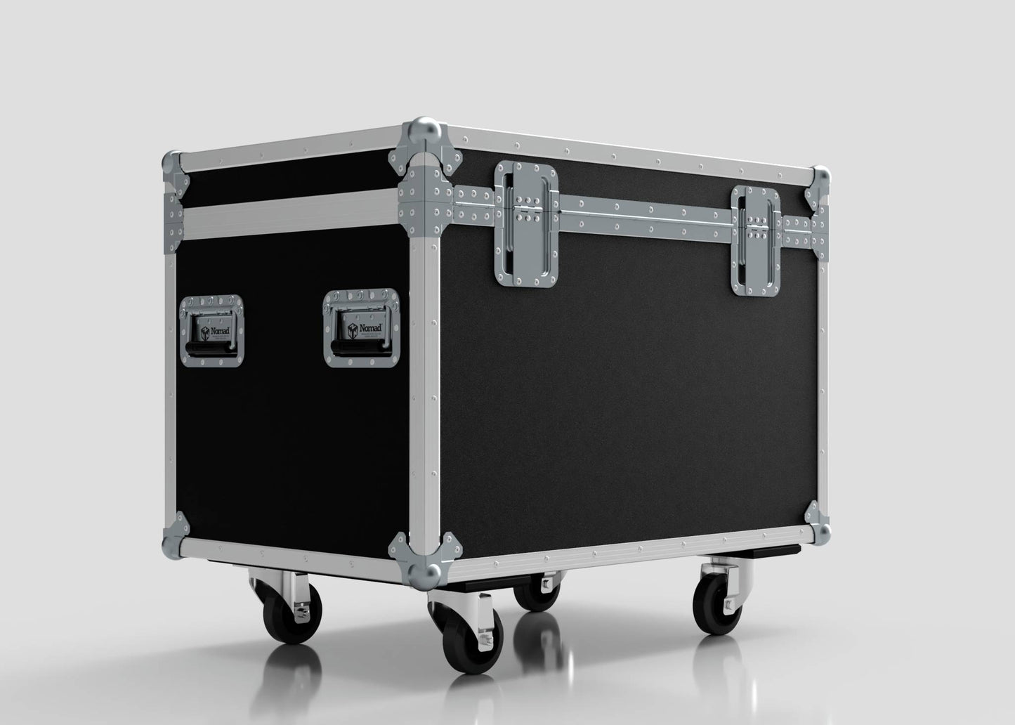 The 900mm Trunk Case is a large black road case with metal reinforcements, handles, and latches, standing on four caster wheels. It features external dimensions of 925 x 607 x 765 mm.