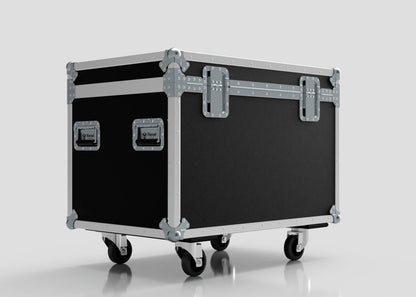 The 900mm Trunk Case is a large black road case with metal reinforcements, handles, and latches, standing on four caster wheels. It features external dimensions of 925 x 607 x 765 mm.