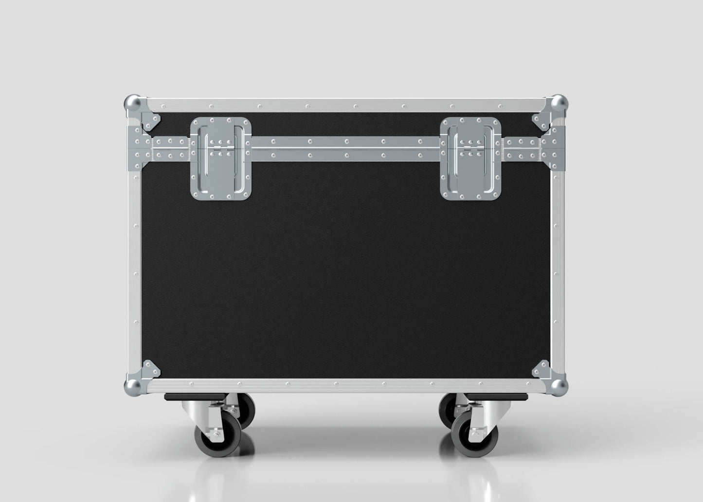 The 900mm Trunk Case, featuring black and silver panels, metal edges and latches, and four caster wheels, measures 925 x 607 x 765 mm—perfect for secure storage and transport against a light background.