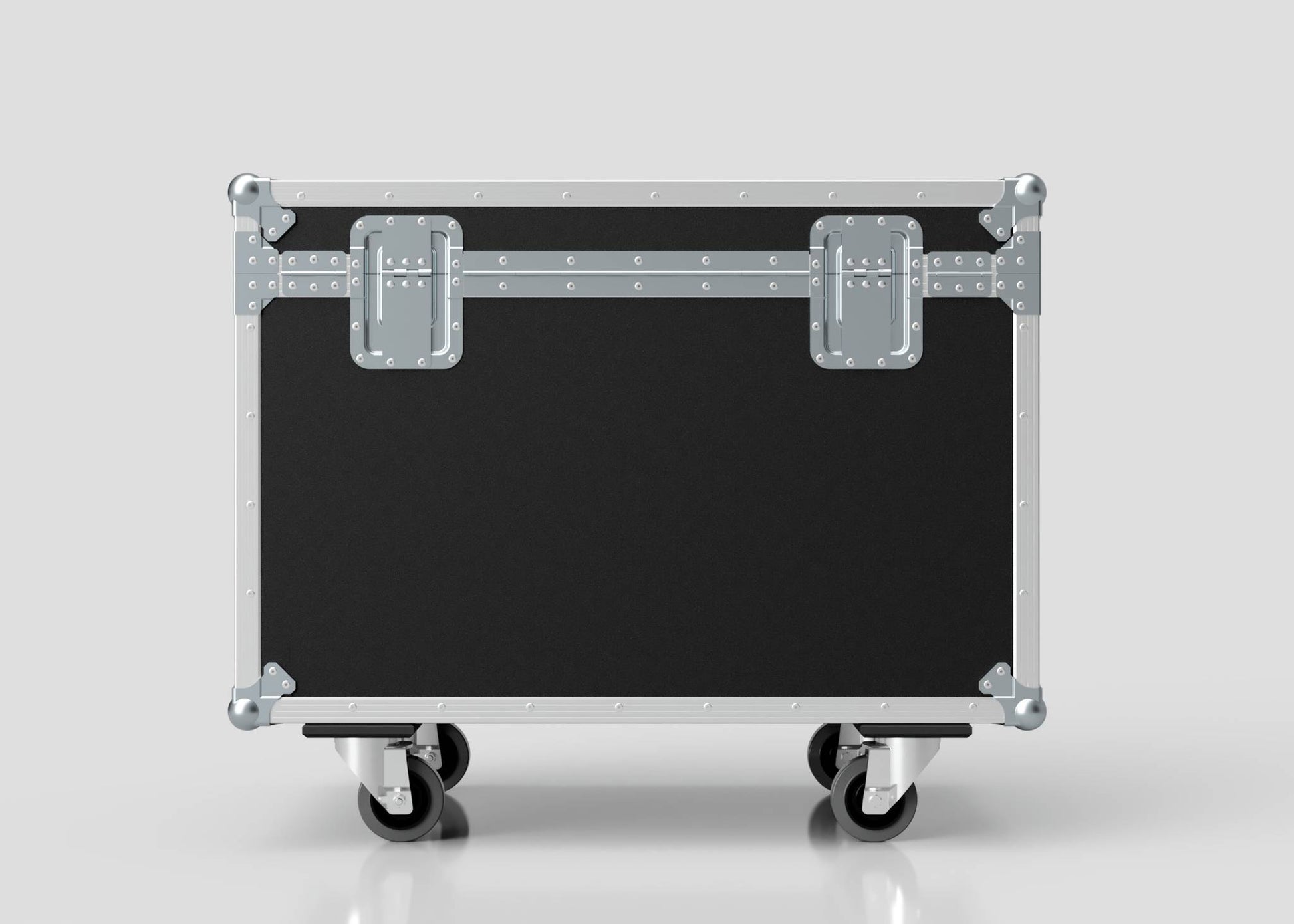 The 900mm Trunk Case, featuring black and silver panels, metal edges and latches, and four caster wheels, measures 925 x 607 x 765 mm—perfect for secure storage and transport against a light background.