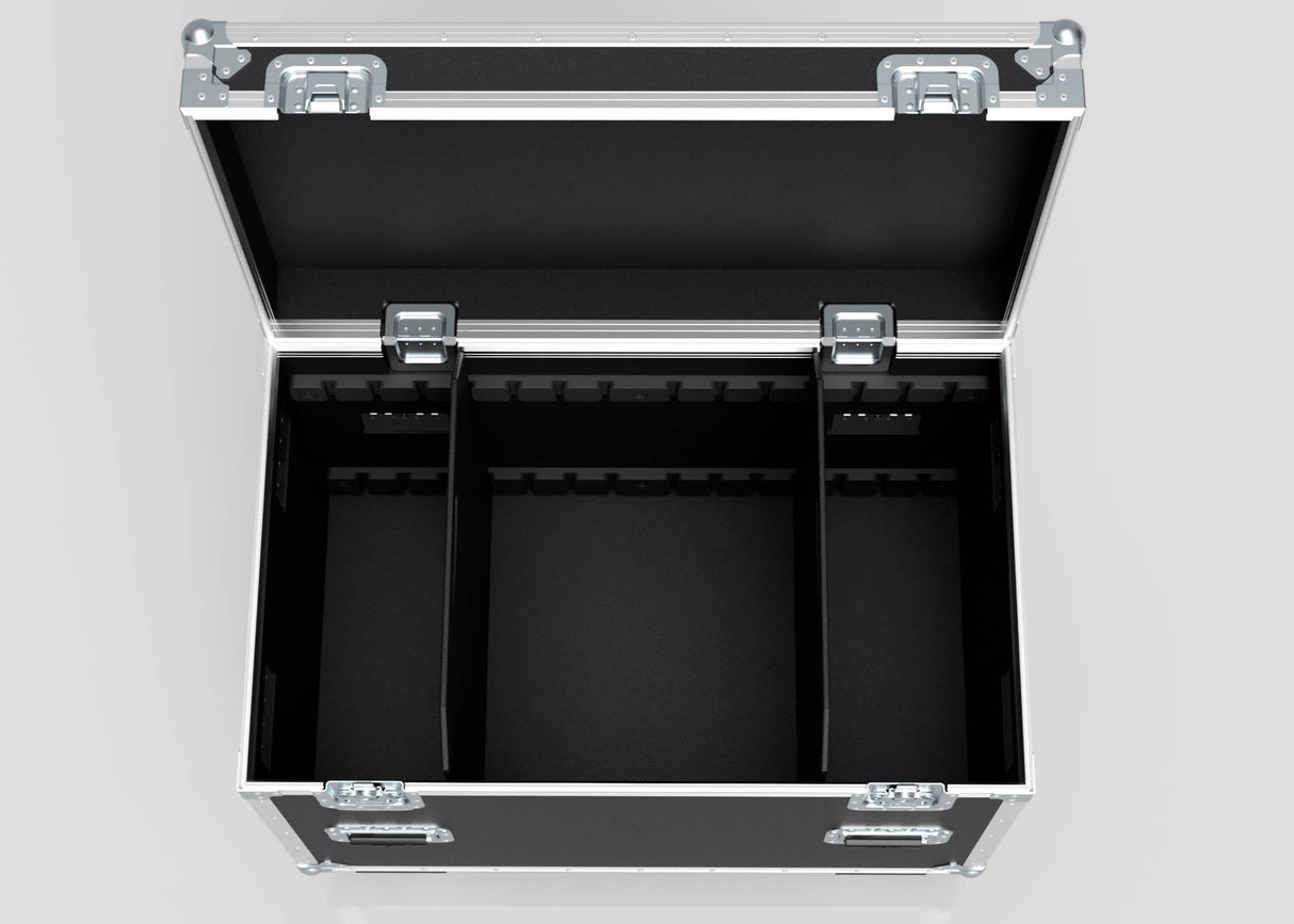 A 900mm Trunk Case with black finish, metal edges, and corners sits open on a light surface, showing three internal compartments. Its external dimensions are 925 x 607 x 765 mm.