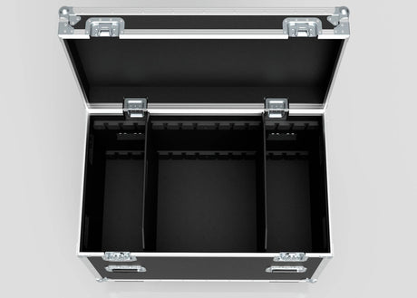 A 900mm Trunk Case with black finish, metal edges, and corners sits open on a light surface, showing three internal compartments. Its external dimensions are 925 x 607 x 765 mm.