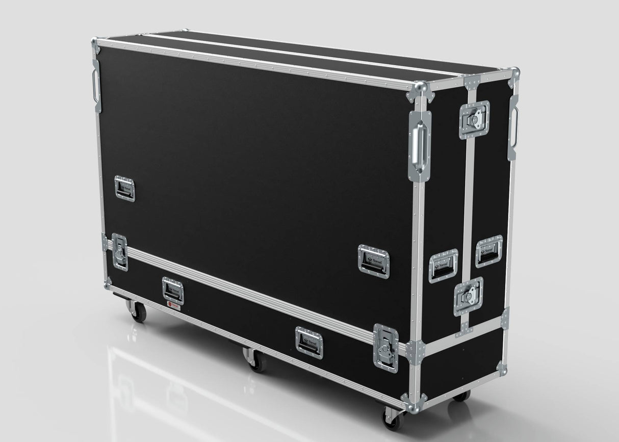 The 95" Double Screen Case is a large black equipment case with metal edges, handles, and casters, shown on a white background.