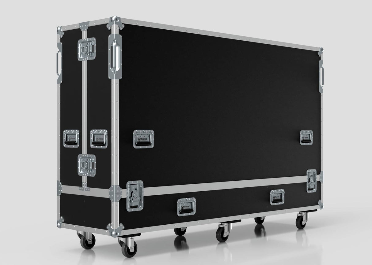 The 95" Single Screen Case is a large black rolling equipment case with metal edges, reinforced corners, handles, and latches, displayed against a plain light background.