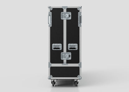 The 95" Single Screen Case is a black flight case with metal edges, two handles, four latches, and caster wheels, standing upright against a plain background.