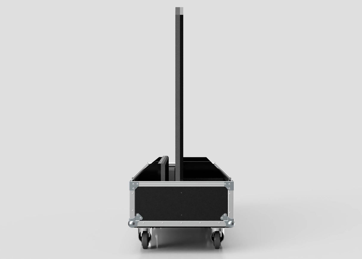 A 95" Single Screen Case with a vertically standing flat-screen display inside a black wheeled transport case, set against a plain gray background.