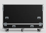 A 95" Single Screen Case, large and black with metal edges, handles, latches, and set on four caster wheels, stands upright against a plain background.