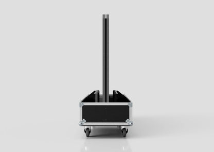 The 98" Double Screen Case is a black rectangular equipment case on wheels, holding a vertical black panel and shown against a plain light gray background.