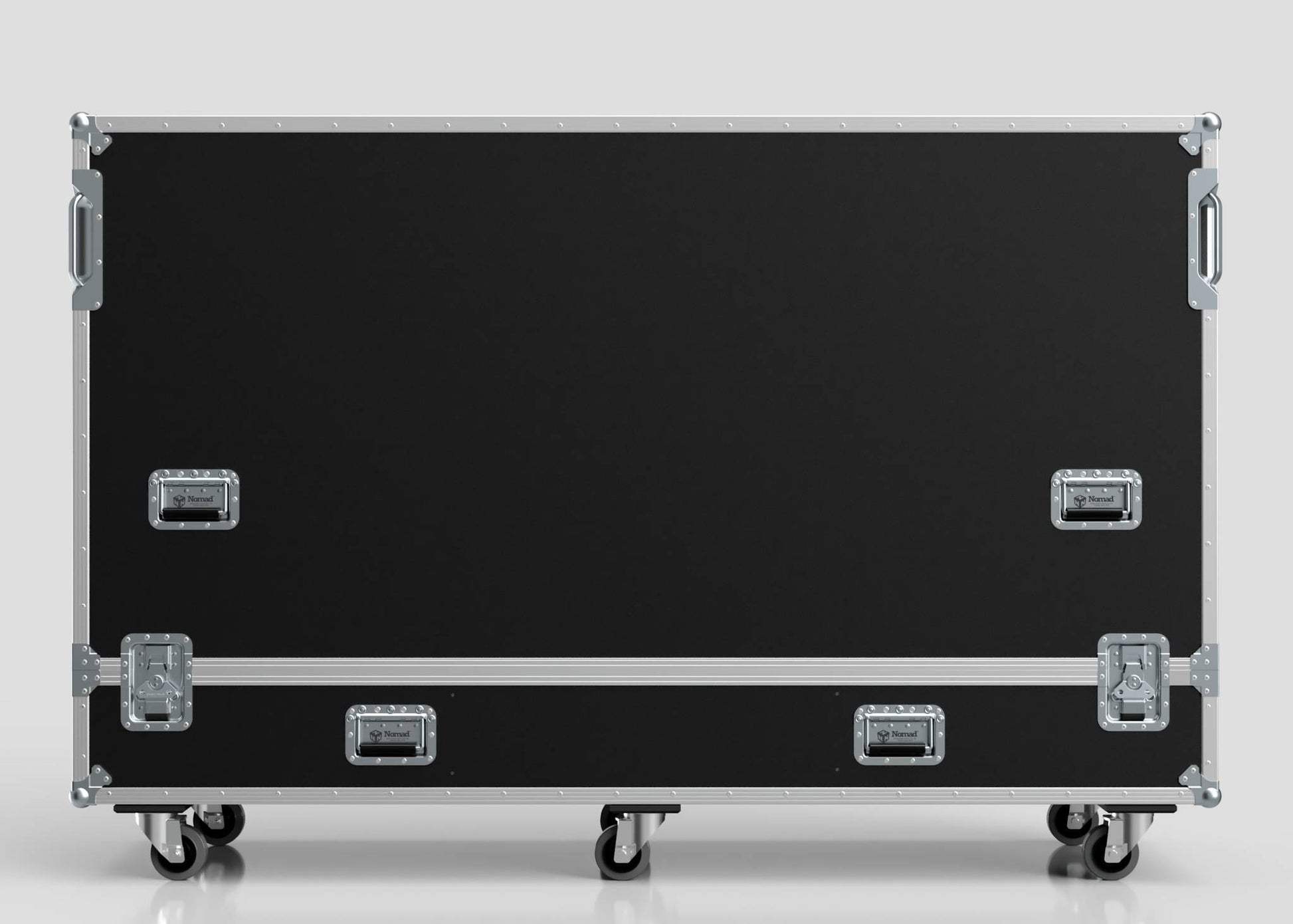 The 98" Double Screen Case is a large black case with metal corners, handles, latches, and four caster wheels, shown against a plain background.
