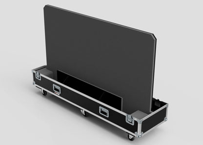 A 98" Single Screen Case with metal edges and handles holds a large, flat, black screen upright on wheels, set against a plain white background.