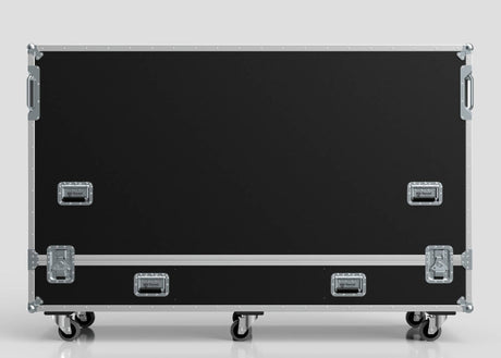 The 98" Single Screen Case is a large black rolling equipment case with metal edges, reinforced corners, handles, and latches, shown against a plain light background.