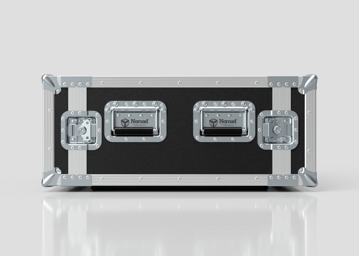 A 9U Foam Shock Mounted 19" Rack Case, black and silver with reinforced corners, rack strips, and three latches featuring Nomad logos, sits on a reflective white surface.