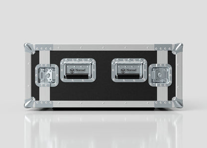 A 9U Foam Shock Mounted 19" Rack Case, black and silver with reinforced corners, rack strips, and three latches featuring Nomad logos, sits on a reflective white surface.