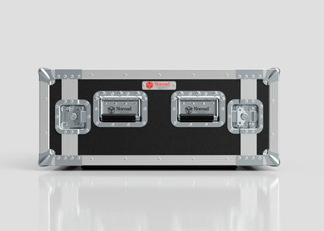 A 9U Foam Shock Mounted 19" Rack Case in black and silver with three metal latches, reinforced corners, and rack strips sits on a white reflective surface. “Nomad” is labeled at the top center.