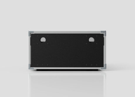 A rear view of the 9U Shock Mount Slam Rack Case shows a rectangular black panel with two circular cable openings.