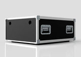 The 9U Shock Mount Slam Rack Case features a black and silver rectangular design with metal edges, handles, and reinforced corners, shown on a plain light surface.