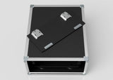 A 9U Shock Mount Slam Rack Case in black and silver with its removable lid partly on top, revealing the empty interior.