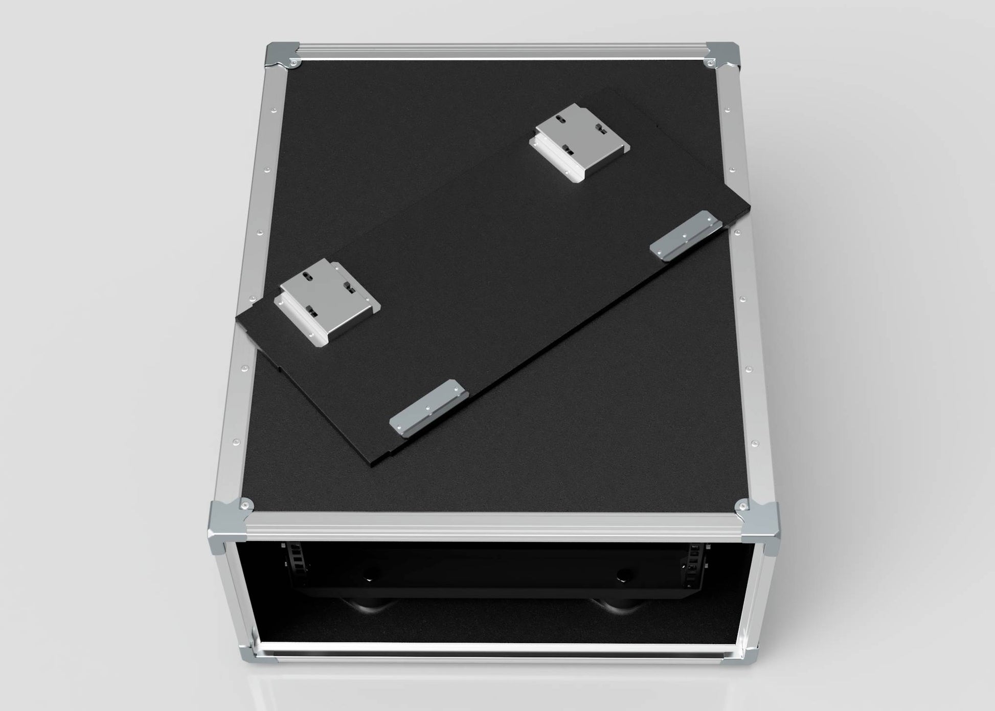 A 9U Shock Mount Slam Rack Case in black and silver with its removable lid partly on top, revealing the empty interior.