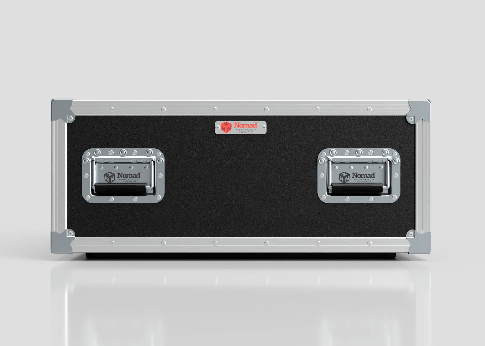 The 9U Shock Mount Slam Rack Case features a black and silver hard exterior with metal edges, two front handles, and Nomad branding, displayed against a plain white background.