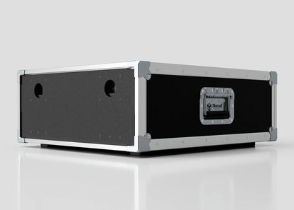 The 9U Slam Rack Case is a black and silver rectangular flight case featuring metal-reinforced corners, a handle, and a side label, shown on a white surface.