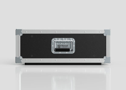 A black and silver rectangular 9U Slam Rack Case with metal corner protectors and a handle, "Nomad" labeled on the front, set against a plain light background.