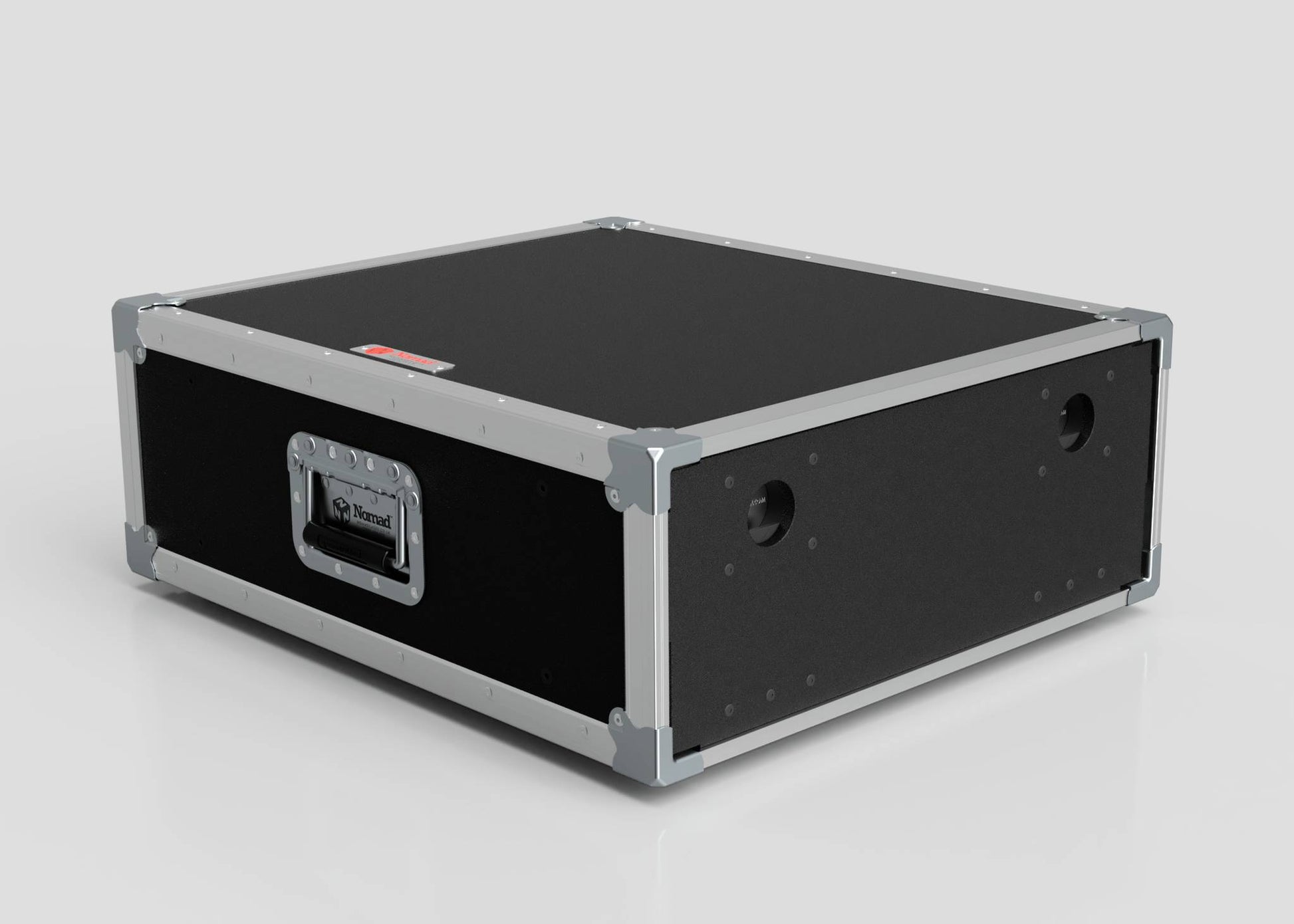 The 9U Slam Rack Case, featuring black and silver metal reinforcements, a handle, and ventilation holes, is shown resting on a plain light surface.