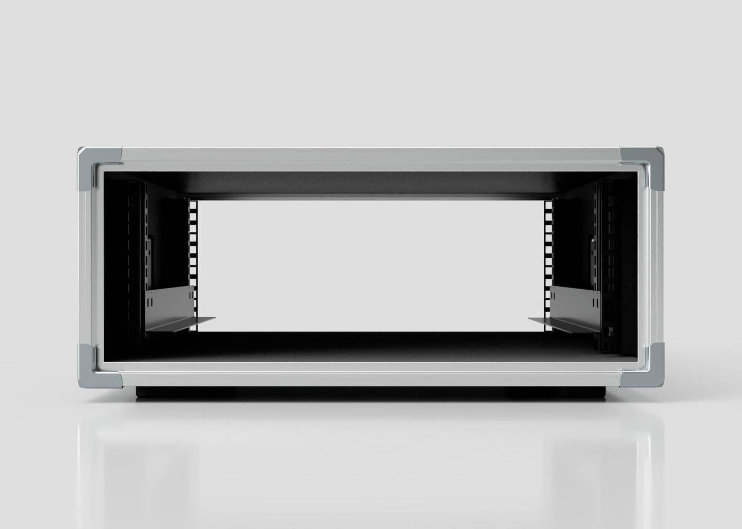 Front view of an empty 9U Slam Rack Case with open front and visible metallic mounting rails, set against a plain light background.