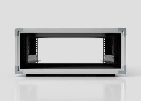 Front view of an empty 9U Slam Rack Case with open front and visible metallic mounting rails, set against a plain light background.