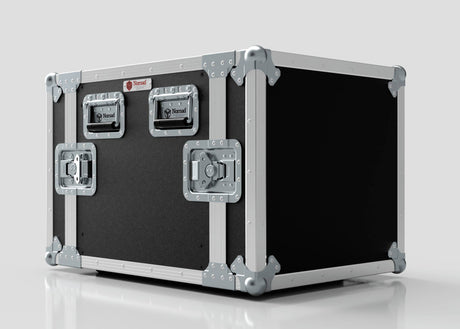 The 9U Standard Rack Case, featuring a black and silver design with metal-reinforced corners, two handles, and two latches, is displayed on a white surface against a plain background.
