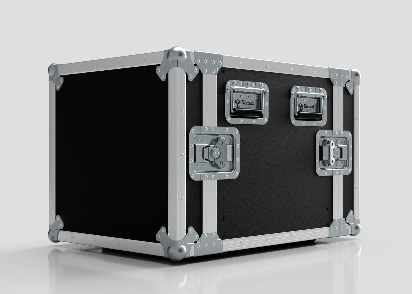 A 9U Standard Rack Case with metal reinforcements and two side handles sits on a white reflective surface.