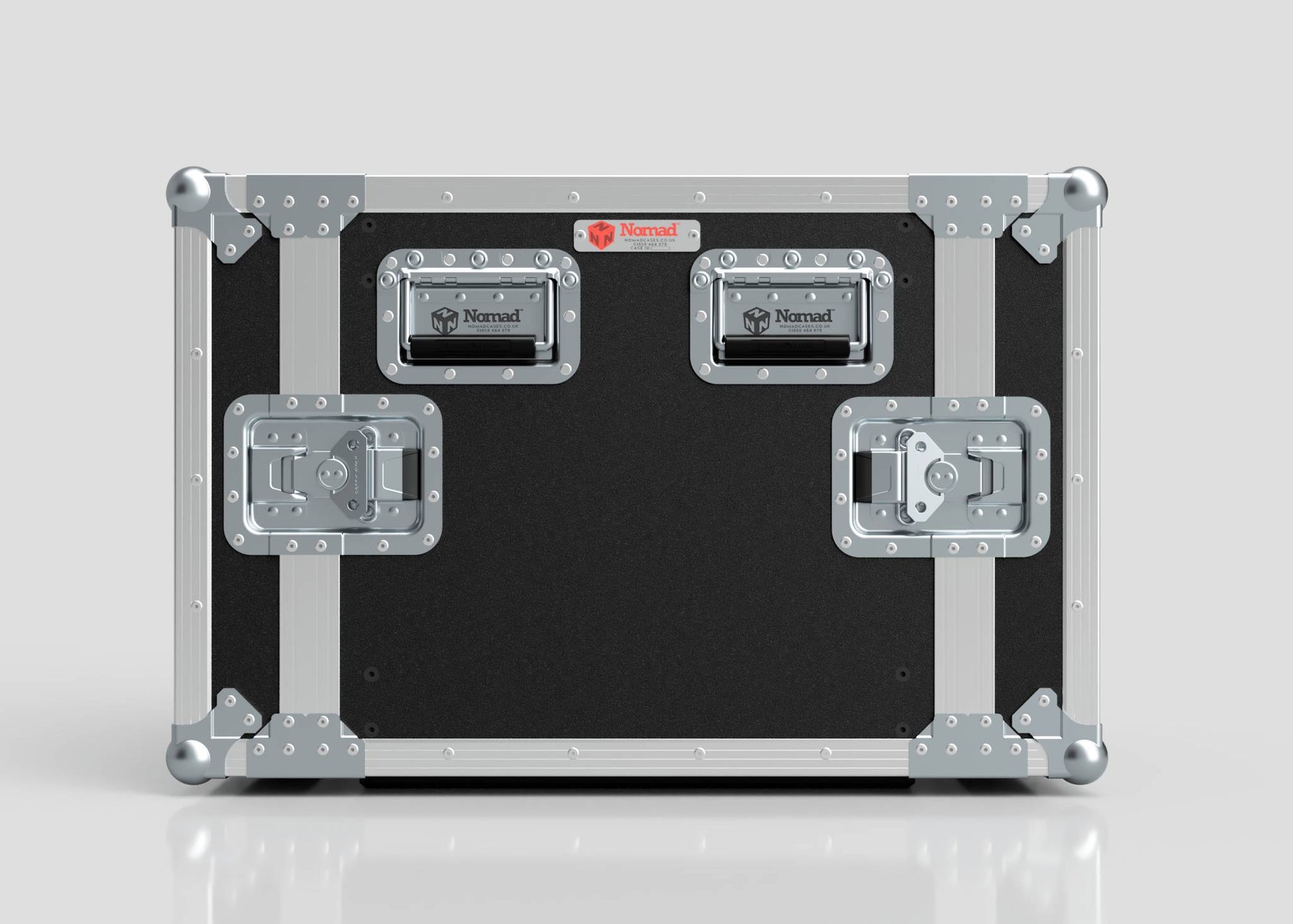 The 9U Standard Rack Case is black and silver, features reinforced metal corners, dual handles, secure latches, and is labeled Nomad on the front.