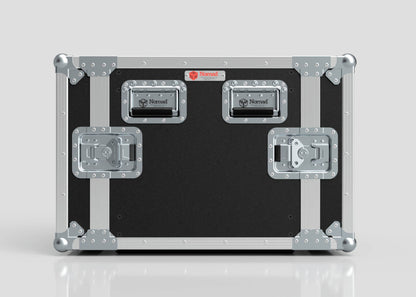 The 9U Standard Rack Case is black and silver, features reinforced metal corners, dual handles, secure latches, and is labeled Nomad on the front.