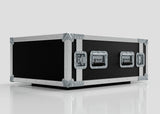 A 9U Suspended Shock Mounted Rack Case, made from durable birch plywood with black and silver finish, metal reinforced corners, and three latches, rests on a plain white surface.