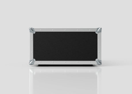 The 9U Suspended Shock Mounted Rack Case is a rectangular hard case in black and silver with metal edges and corner protectors, featuring suspended shock mounted racks, shown on a plain light gray background.