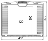 Technical drawing of the WAG plastic cases Jazz 5017: rectangular case, 437 mm width, 379 mm height, inner area 420 x 300 mm. Modern design with ridged top and sides, suitable for foam inserts.