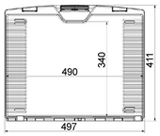 Technical drawing of the WAG plastic cases Jazz 5032 protective case with ribbed sides, showing 497 mm width, 411 mm height, 490 mm inner width, and 340 mm inner height—ideal for foam inserts.
