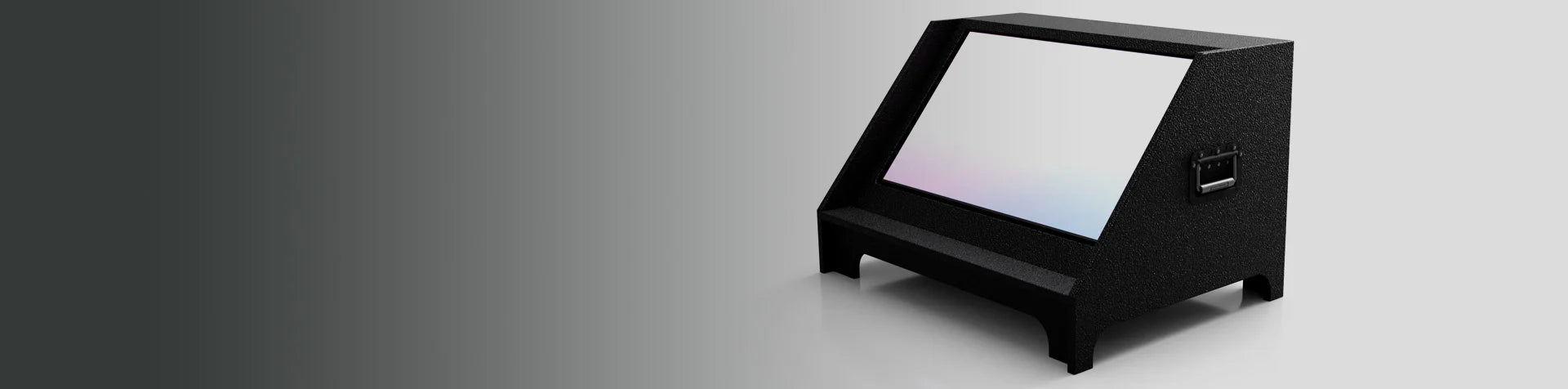 A black angled console with a large, rectangular reflective screen and side handles, placed against a gradient gray background.