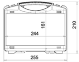 Black and white technical drawing of the WAG plastic cases Tekno 2003, featuring a striking design and handle, with dimensions: 255 mm wide, 210 mm tall, 244 mm interior width, and 161 mm interior height.