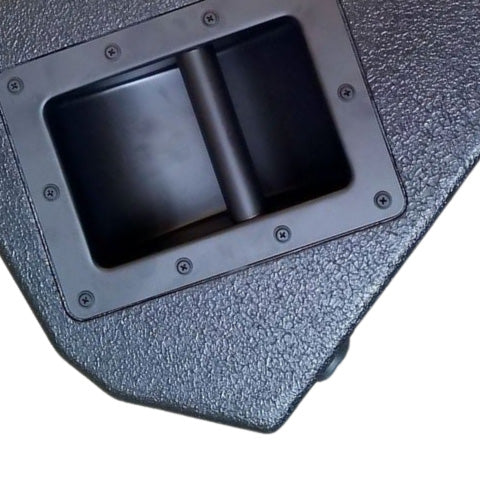 Close-up of a black textured rectangular recessed handle with visible screws, set into what appears to be a plastic or metal casing.
