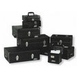 The ADDA Super Cases Single Case 400 Long is a black metal toolbox, ideal for vinyl storage or as a DJ record case for 7" singles, featuring a sturdy handle and metal latch, shown on a white background.
