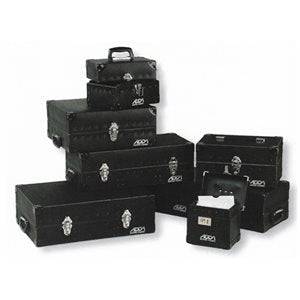 A group of seven ADDA Super Cases Single Case 50, black metal cases with silver latches and handles, perfect for DJ vinyl storage or 7" singles, arranged by size.