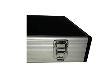Close-up of the Professional Aluminium Print Portfolio Case | 20” x 16” Mounted Print Carrier, featuring a black top and front latch lock—perfect for professional presentation of mounted prints.