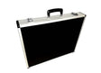 The Professional Aluminium Print Portfolio Case | 20” x 16” Mounted Print Carrier, in black and silver with handle and two metal latches, stands upright against a white background—a top pick for professional presentations.