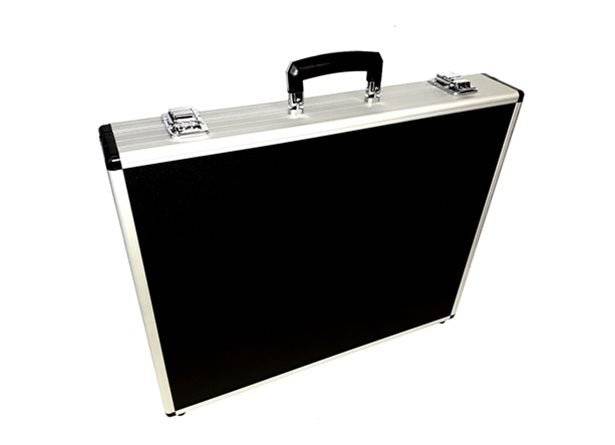 The Professional Aluminium Print Portfolio Case | 20” x 16” Mounted Print Carrier, in black and silver with handle and two metal latches, stands upright against a white background—a top pick for professional presentations.
