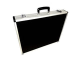 The Professional Aluminium Print Portfolio Case | 20” x 16” Mounted Print Carrier, in black and silver with handle and two metal latches, stands upright against a white background—a top pick for professional presentations.