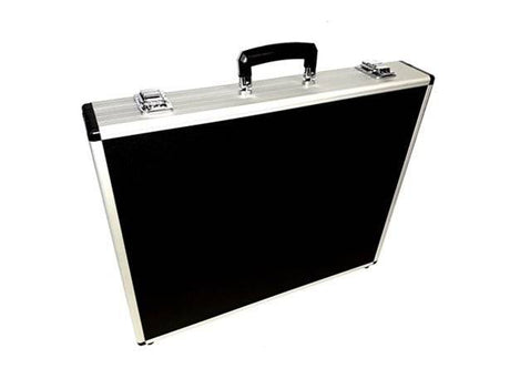 The Professional Aluminium Print Portfolio Case | 20” x 16” Mounted Print Carrier, in black and silver with handle and two metal latches, stands upright against a white background—a top pick for professional presentations.