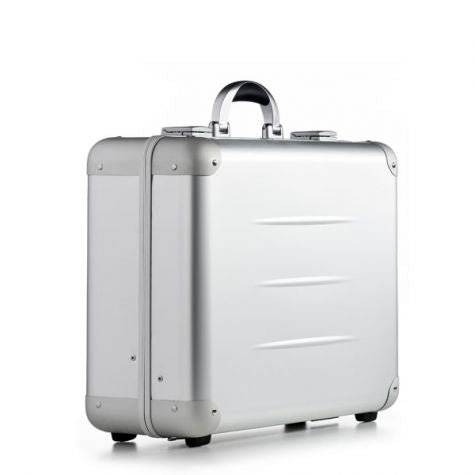 The ALUpur 98400, a silver anodised aluminium case with rounded corners, a metal handle, and a hard shell, is shown on a white background.