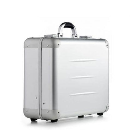 The ALUpur 98400, a silver anodised aluminium case with rounded corners, a metal handle, and a hard shell, is shown on a white background.